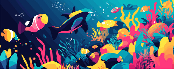 Obraz premium Colorful underwater scene with diverse marine life in coral reef - vector.