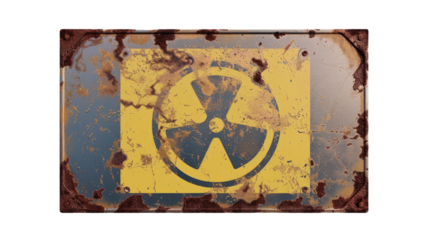 Warning Sign: Radioactive Hazard - A weathered, aged sign displaying the iconic radiation symbol, serving as a visual reminder of potential danger and the need for caution.