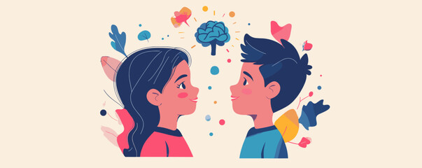 Cute cartoon kids facing each other with creative elements - vector.