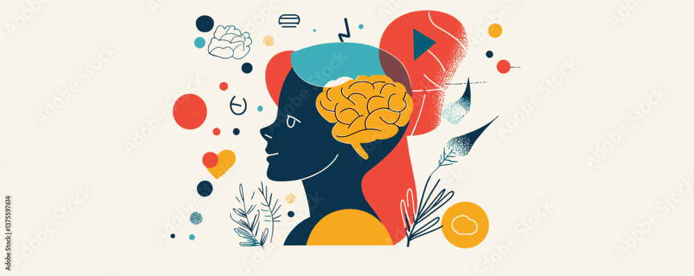 Aufkleber abstract human profile with brain and colorful geometric elements - vector.