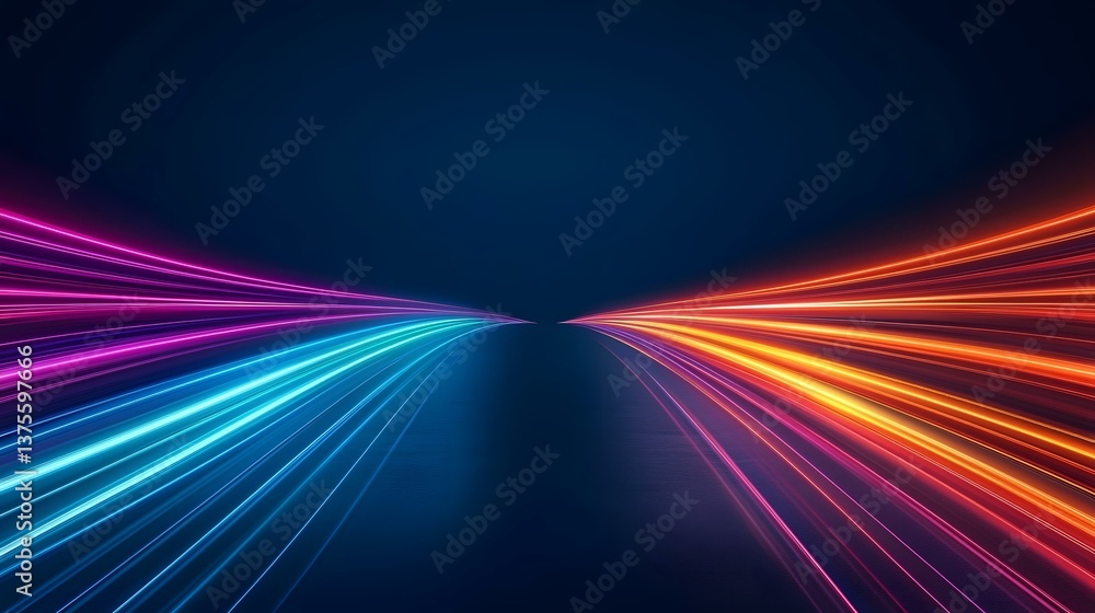 Poster abstract image of bright neon light streaks converging at a central vanishing point, creating a dyna
