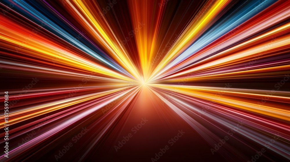 Poster the image contains a burst of radiating lines in various shades of red, orange, yellow, and blue, co