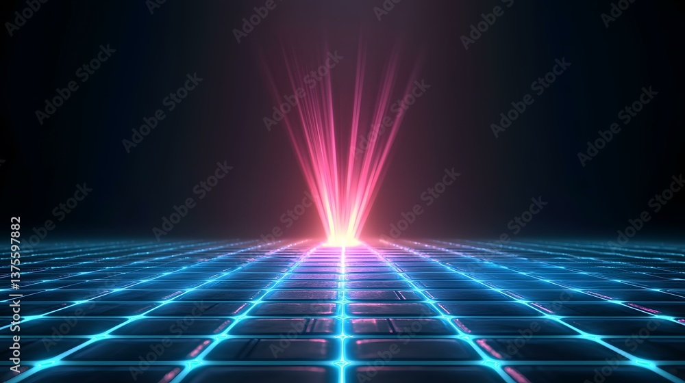 Poster a gridded surface with glowing cyan lines converges towards a point where pink light beams emanate u