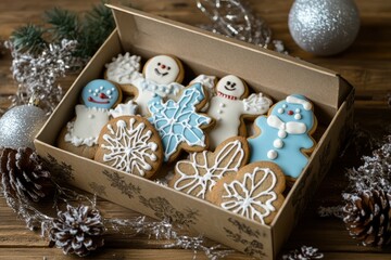 Savor tasty gingerbread cookies with winter designs, elegantly packaged in a festive decorative box