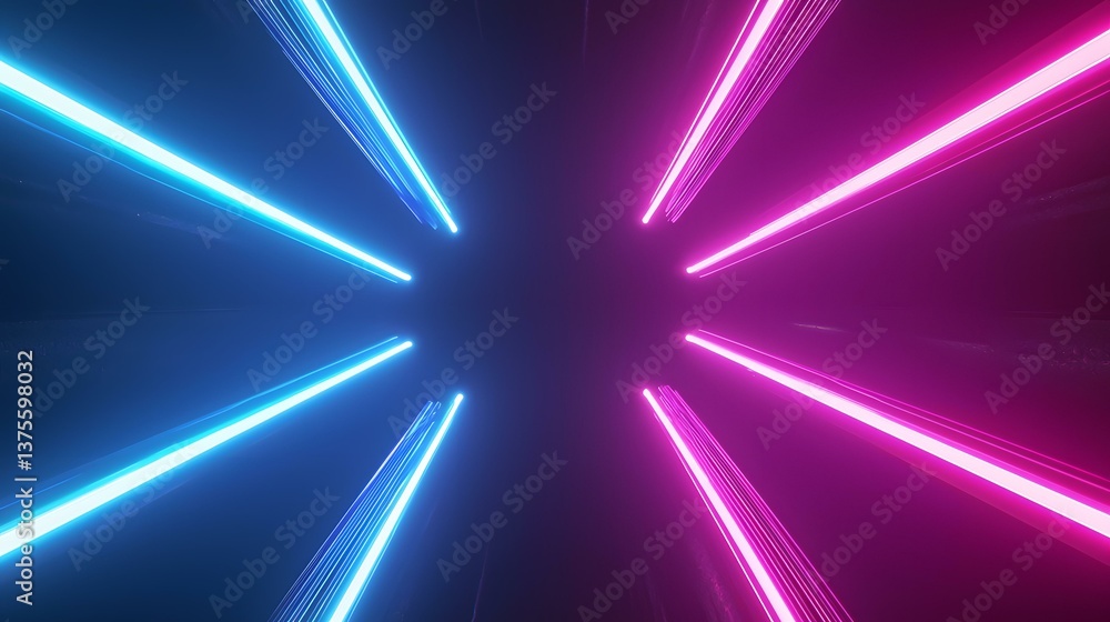 Poster the image contains bright, neon-like lines of blue and pink light emanating from a central point, cr