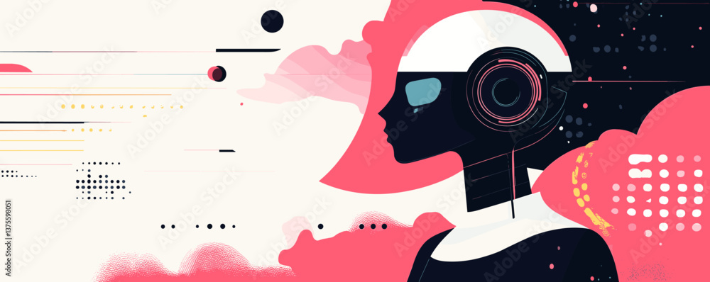 Poster futuristic ai design with abstract robotics and technology in silhouette, digital art - vector.