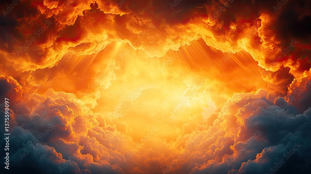 Poster dark clouds sunset horizon with fiery clouds and glowing sky concept. dramatic sunset with fiery clo