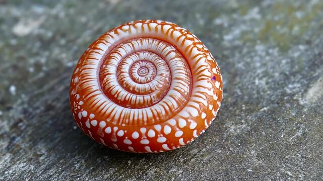 Beautiful orange and white spiral shell resting on a smooth stone surface in natural light