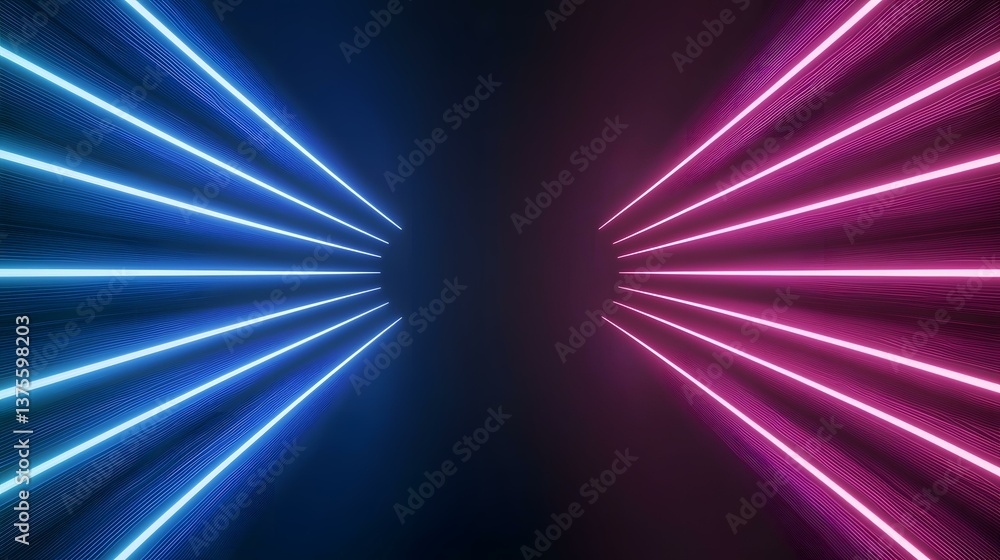 Poster the image contains a dark background with multiple bright blue and pink neon lines converging toward