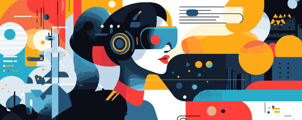 Futuristic woman wearing vr headset amidst abstract geometric shapes and technology elements - vector.