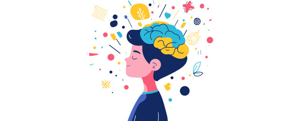 Creative mindfulness and imagination in a young boy's brain - colorful abstract art vector.