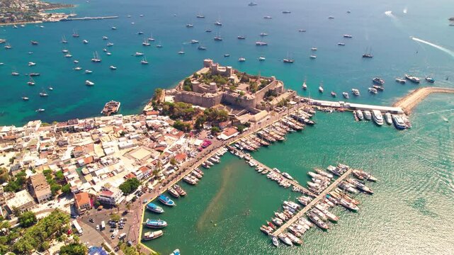 Bodrum District of Mugla, Turkey. Aerial view of Bodrum Castle. Panoramic view of Bodrum center, marina and castle. Drone shot.