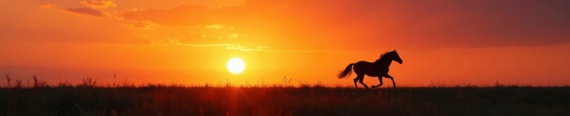 Fototapeta premium Dark horse silhouette running alone at sunrise, animal running, solo runner