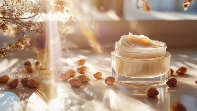 A luxurious glass jar of shea butter cream surrounded by shea nuts, captured in warm natural lighting to emphasize softness and nourishment. Ideal for skincare, wellness, and beauty product themes.