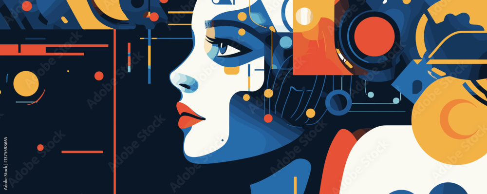 Aufkleber futuristic female face with abstract circuit elements and geometric patterns, side view, digital art
