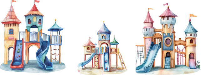 Naklejka premium Watercolor playground with castle, slide and swings isolated on white background
