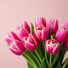 Naklejka premium Vibrant Pink and White Tulips Bouquet on Pink Background, Floral Photography, Spring Flowers.