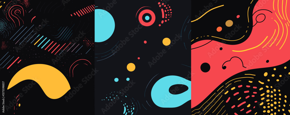 Poster abstract geometric patterns with vibrant colors and dots on black background - vector.