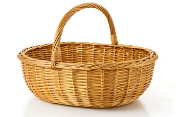 Fototapeta premium Woven wicker basket with handle traditional container for storage and carrying isolated on white background