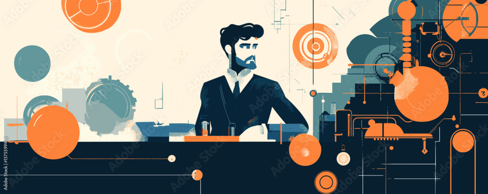 Aufkleber futuristic tech-inspired man with geometric shapes and abstract elements vector.