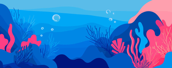 Fototapeta premium Colorful underwater coral reef with marine plants and bubbles - vector.
