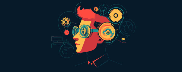 Futuristic tech-inspired male profile with gears and circuits, creative conceptual design vector.