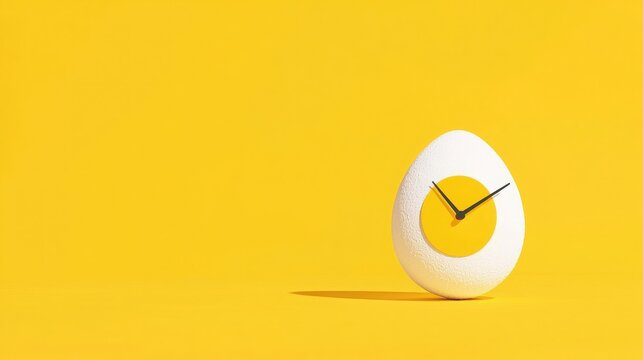 Egg Timer Concept of Time Management, Productivity, White egg with clock face on yellow background