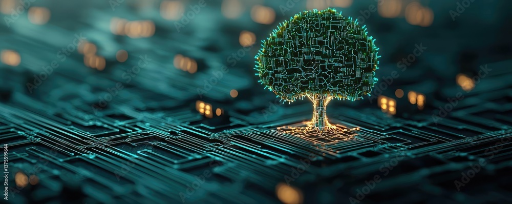 Poster cyberpunk biotech with digital plants innovation concept. a tree grows on a digital circuit board, s