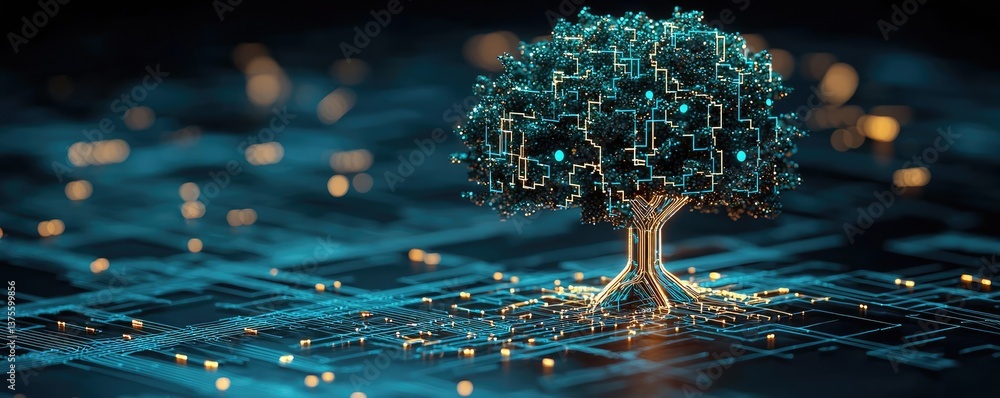 Poster cyberpunk biotech with digital plants innovation concept. a futuristic tree with circuits represents