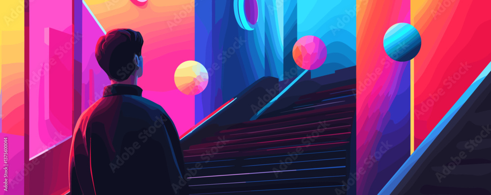 Poster vibrant futuristic scene with person observing abstract geometric structures - vector.