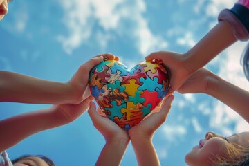 Autistic kid hands with multicolored puzzle heart supported by mother hands over blue sky background. World autism awareness day