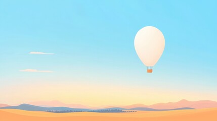 Fototapeta premium Hot Air Balloon over Desert Landscape, White hot air balloon soaring over a serene desert landscape at sunrise.