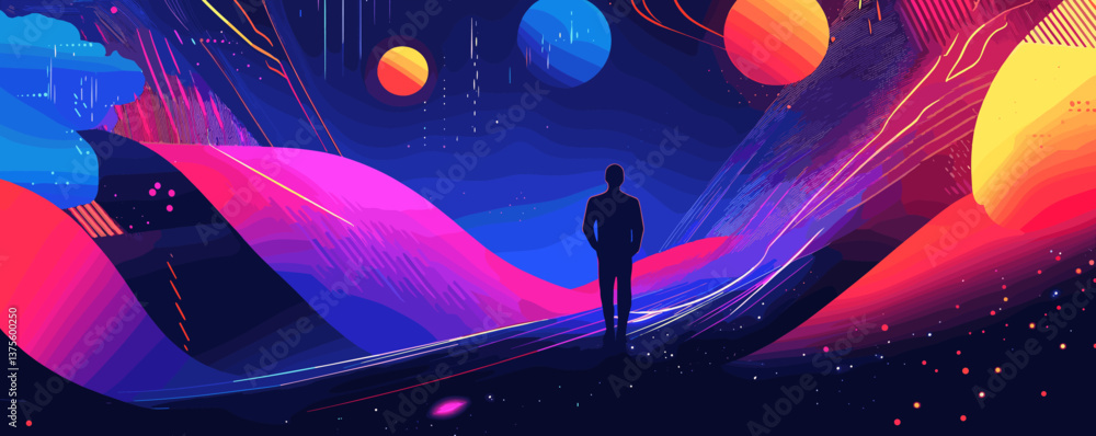Poster silhouette of a person in colorful outer space landscape with planets - vector.