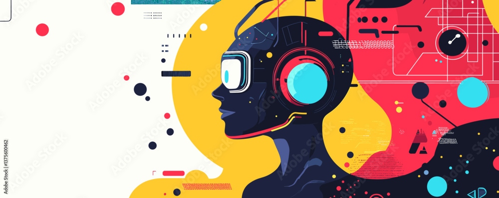 Poster futuristic ai concept with abstract geometric elements and human profile in headset - vector.