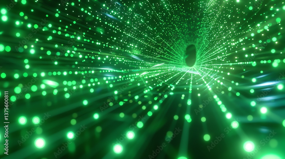 Poster this is an abstract image of a glowing green tunnel. the tunnel is made up of tiny particles of ligh