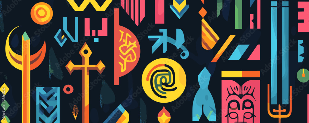 Poster geometric abstract design with colorful shapes and symbols on dark background – vector.