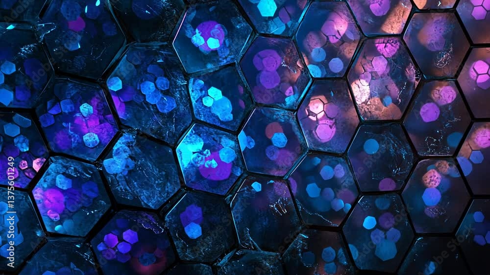 Poster dynamic hexagonal pattern with shimmering lights, ideal for technology backgrounds and digital art