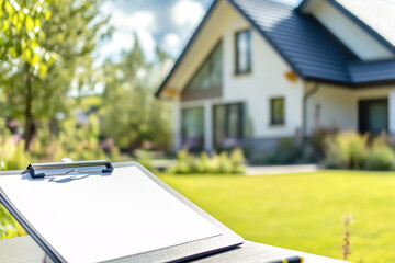 Close-up of blank clipboard on outdoor table with blurred house in background surrounded by greenery in bright daylight. Concept of real estate inspection, home evaluation and property checklist.