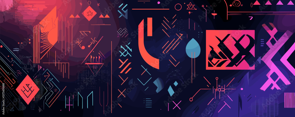 Aufkleber futuristic abstract geometric pattern with vibrant colors on dark background - vector.