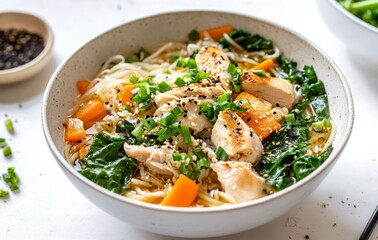 Chicken Noodle Soup Bowl with Carrots, Bok Choy, and Sesame Seeds