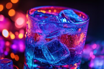 A stunning glass of icecold water, perfectly illuminated in vibrant colors, ideal for nightlifethemed settings