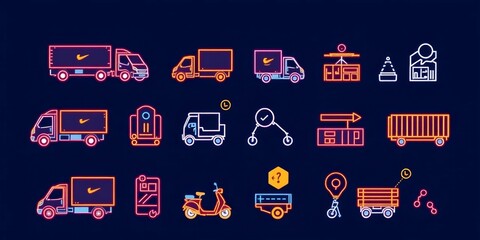 Line icons depicting various delivery and logistics processes, including trucks, scooters, warehouses, containers, and tracking elements, container, logistics