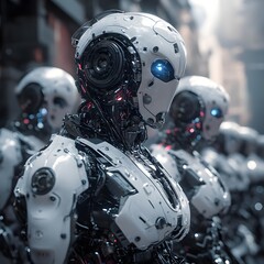 Fototapeta premium A group of futuristic robots in a dark, industrial setting