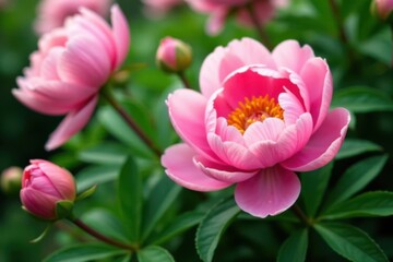 Obraz premium delicate petals unfurl from lush greenery amidst vibrant peony blooms, nature, closeup
