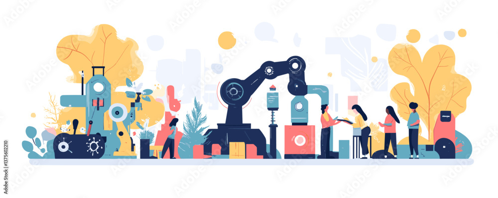 Poster futuristic factory with robotic arms and people working together, seamless workflow - vector.