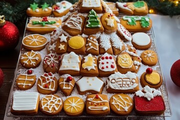 A beautiful array of decorated cookies showcasing festive shapes and designs for the holiday season.