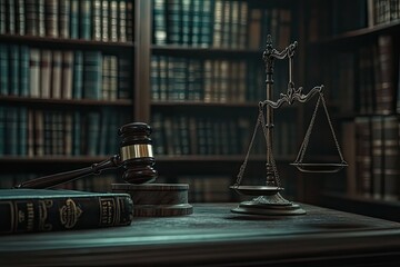 Justice scales and gavel in a library setting