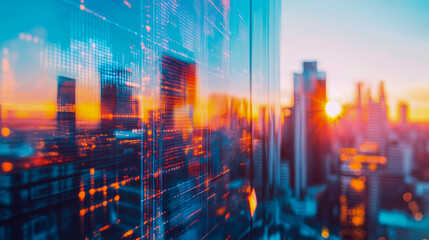 Obraz premium Abstract urban sunset reflected on data grid facade