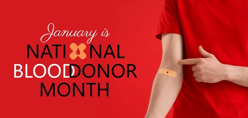 Man with medical patch on vein against red background. Banner for National Blood Donor Month