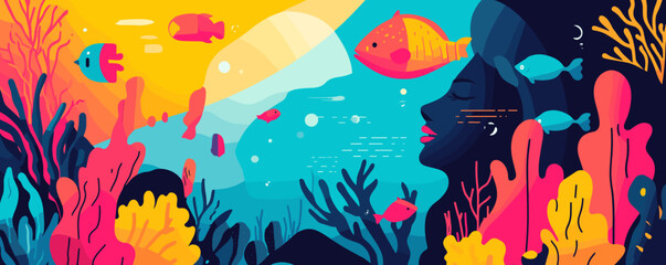 Obraz premium Vibrant underwater scene with fish and woman's silhouette in coral reef - vector.